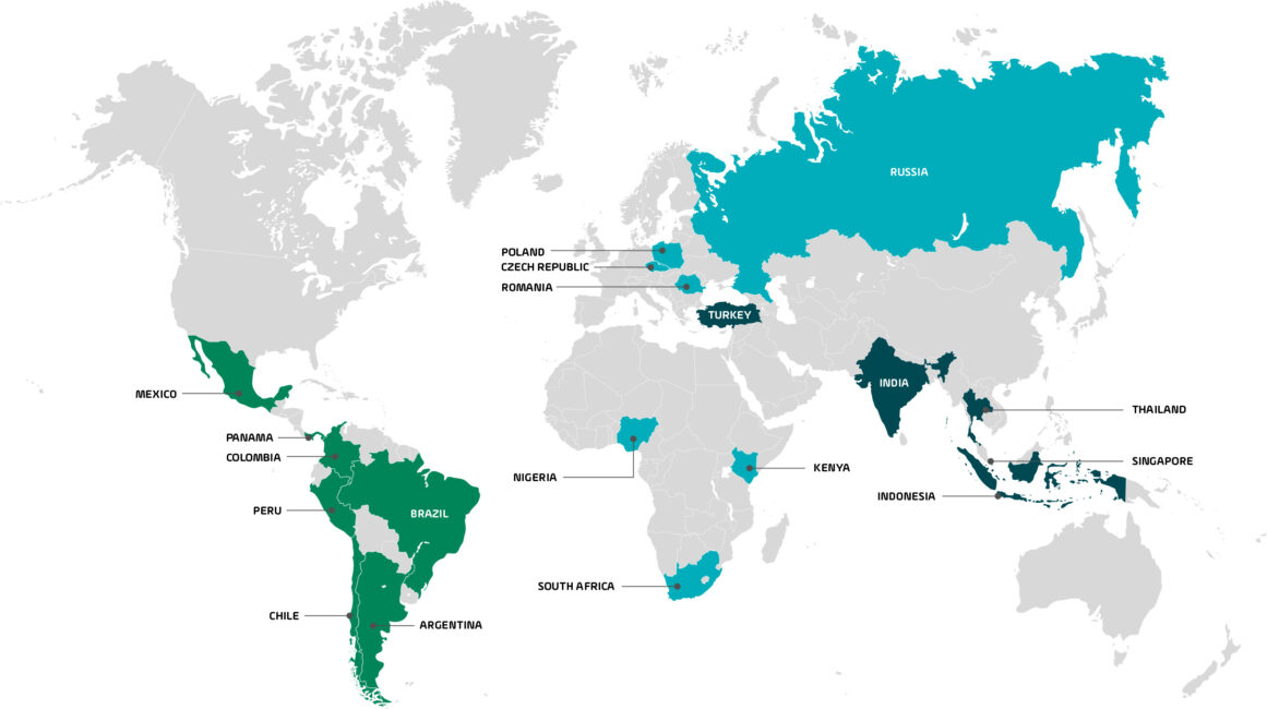 A map showing the key countries covered in PayU's Next Frontier report